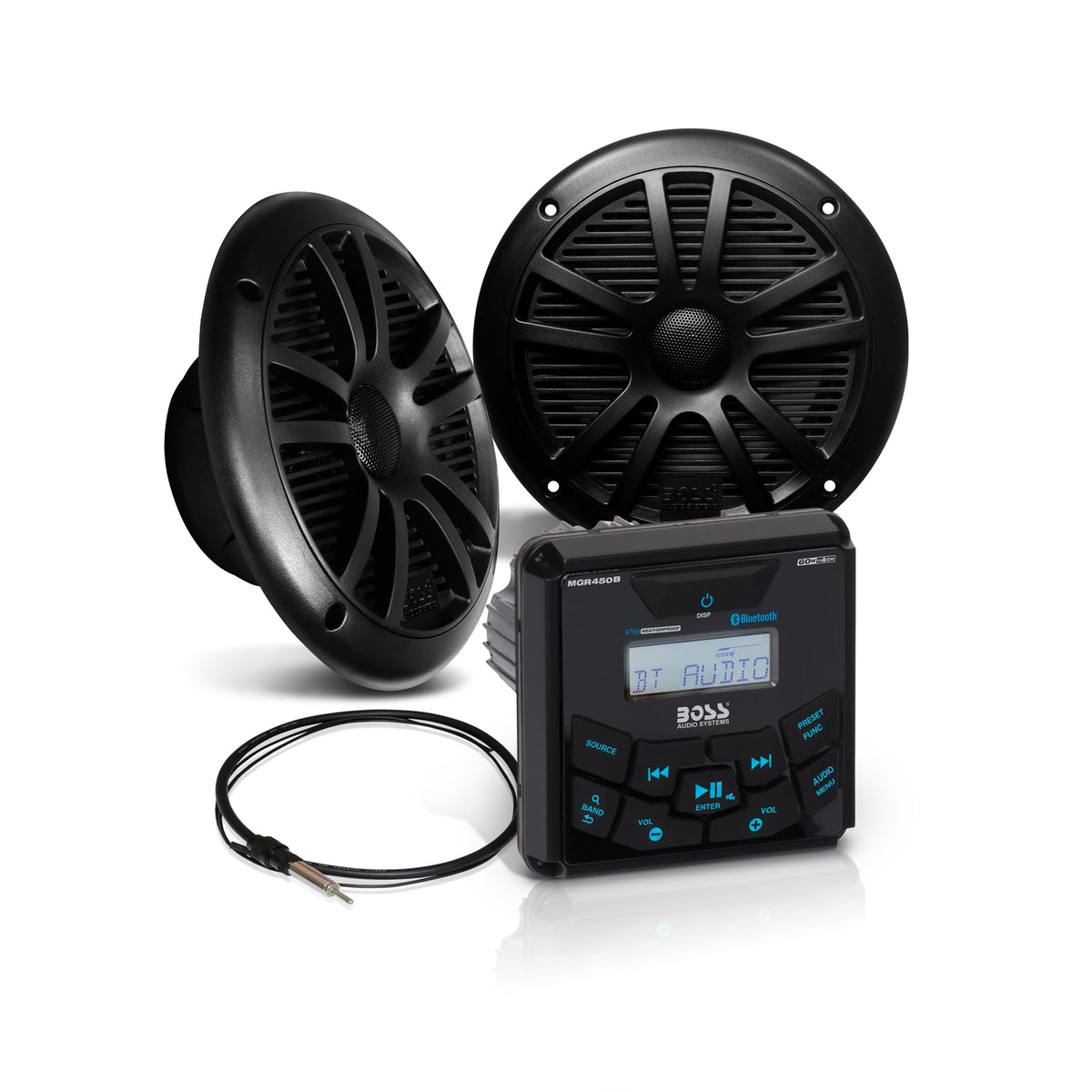 Paquete de Altavoces y Receptor Marino Boss Audio Systems Bluetooth Negro, IPX6 Resistente al Agua, Dos Altavoces de 6.5" y Un Receptor
