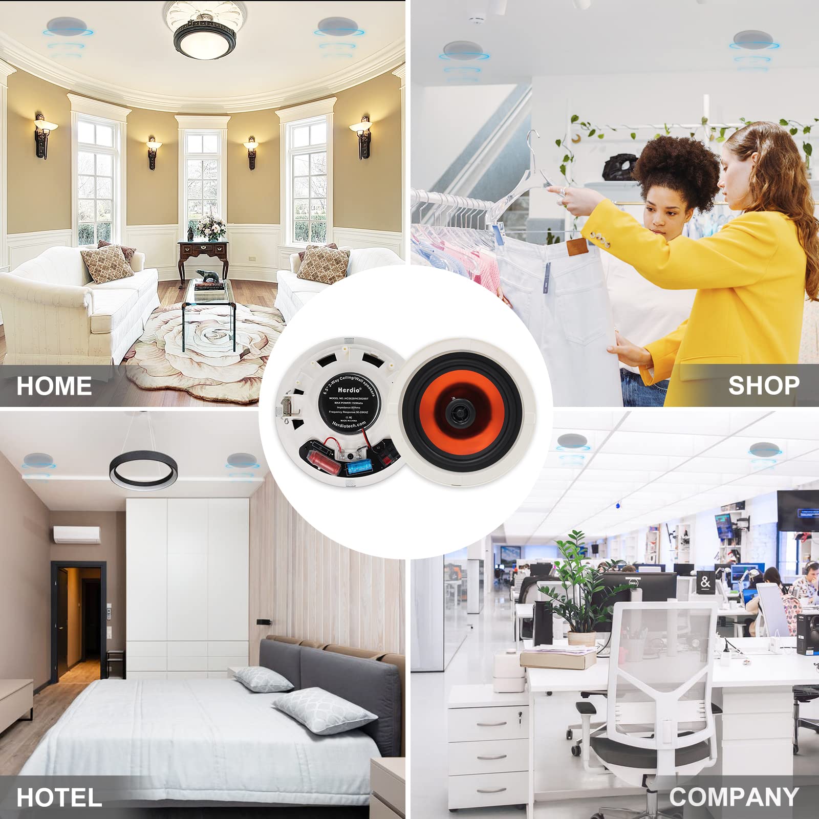 Herdio Altavoces Compatibile con Bluetooth universales de 2 vías para Montaje Empotrado en Pared en Techo de 6.5 Pulgadas, Potencia máxima de 300 vatios, diámetro de Corte de 7.6 Pulgadas (un par)