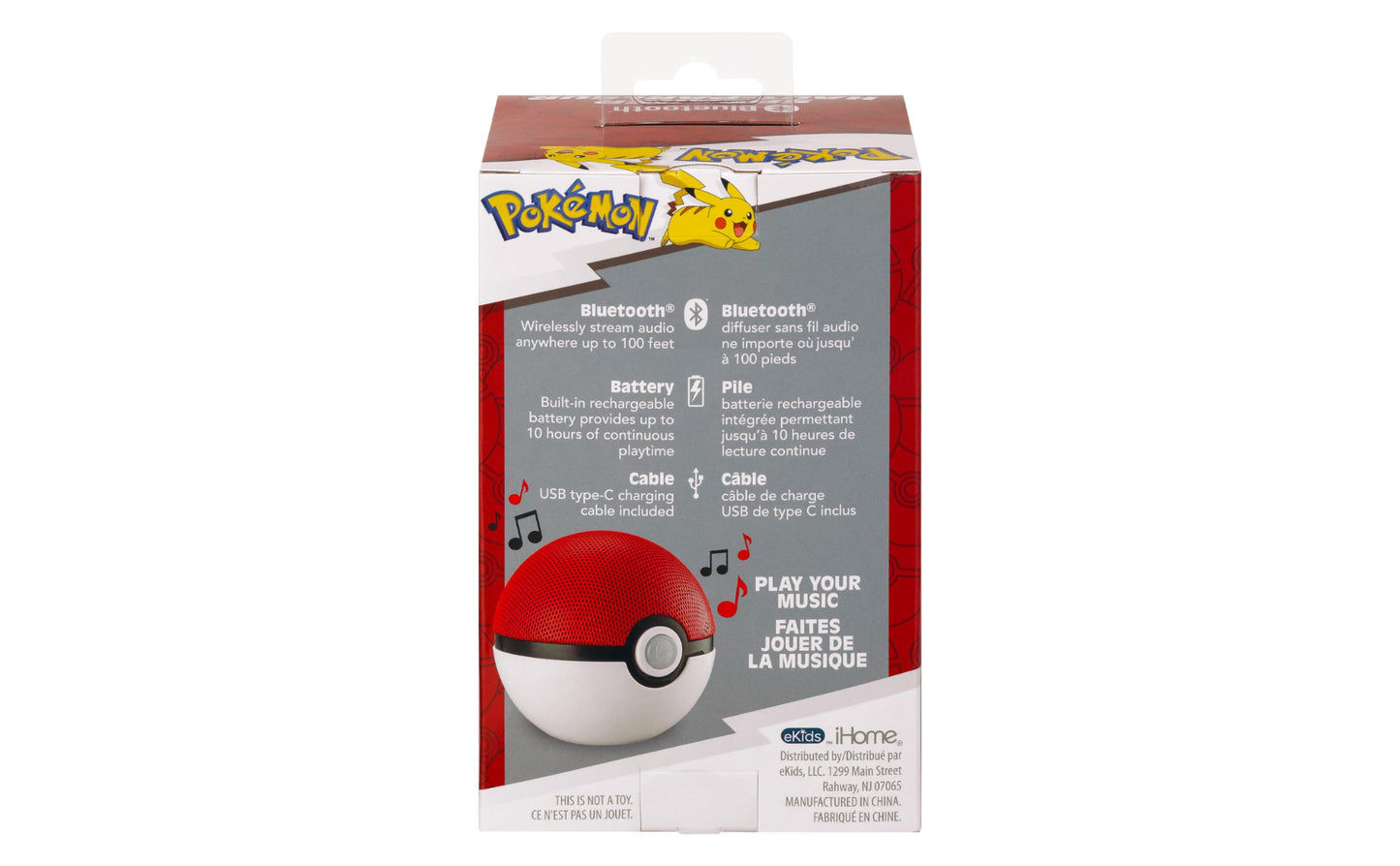 eKids - Pokebola de Pokémon - Bocina inalámbrica con batería recargable y cable de carga USB-C