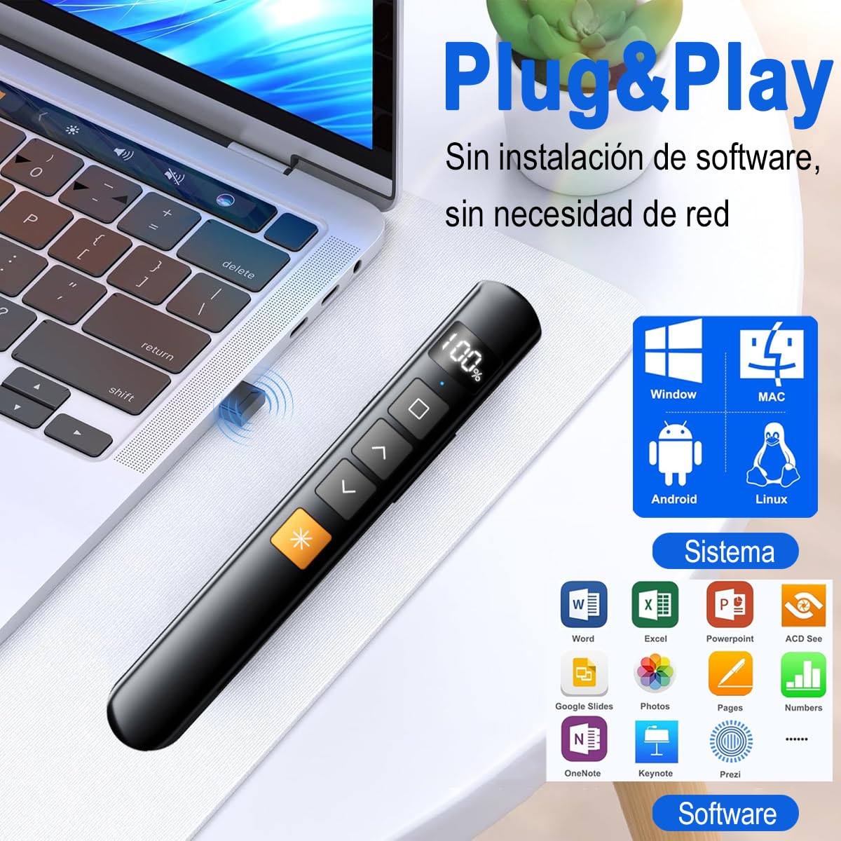 Presentador Inalámbrico LED USB Recargable con Pantalla Digital y Control de Volumen para Presentaciones en Windows y Mac