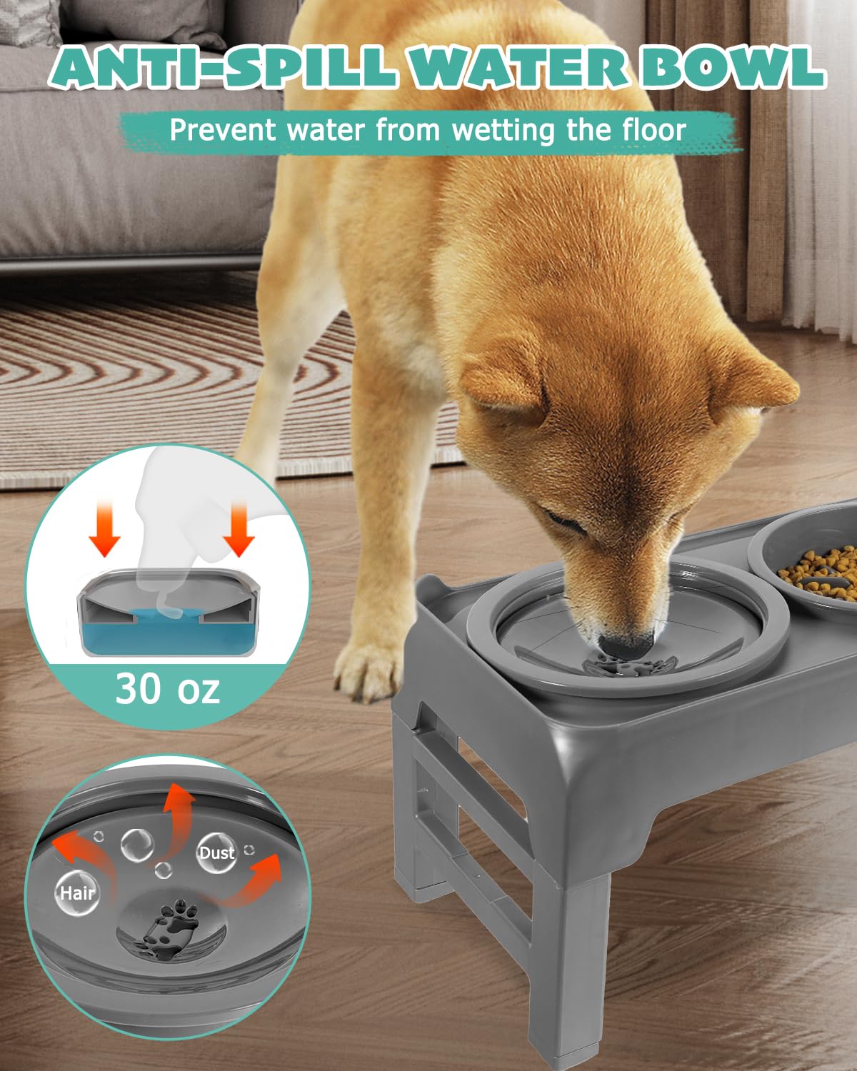 Cuencos elevados para perros, soporte elevado para cuencos para perros con alimentador lento y tazón de agua sin derrames, 4 alturas ajustables para perros grandes, medianos y pequeños (gris)