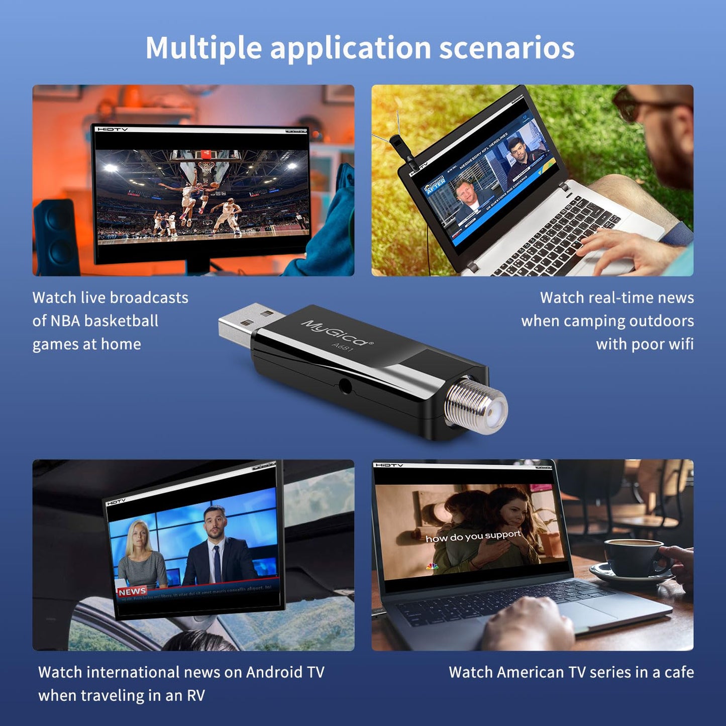 Mygica A681B - Antena de tarjeta sintonizadora de TV USB analógica, ATSC HD, digital, externa, HDTV, adaptador de dongle para ventana, Linux, para computadora, portátil, Android TV Box, navegación de