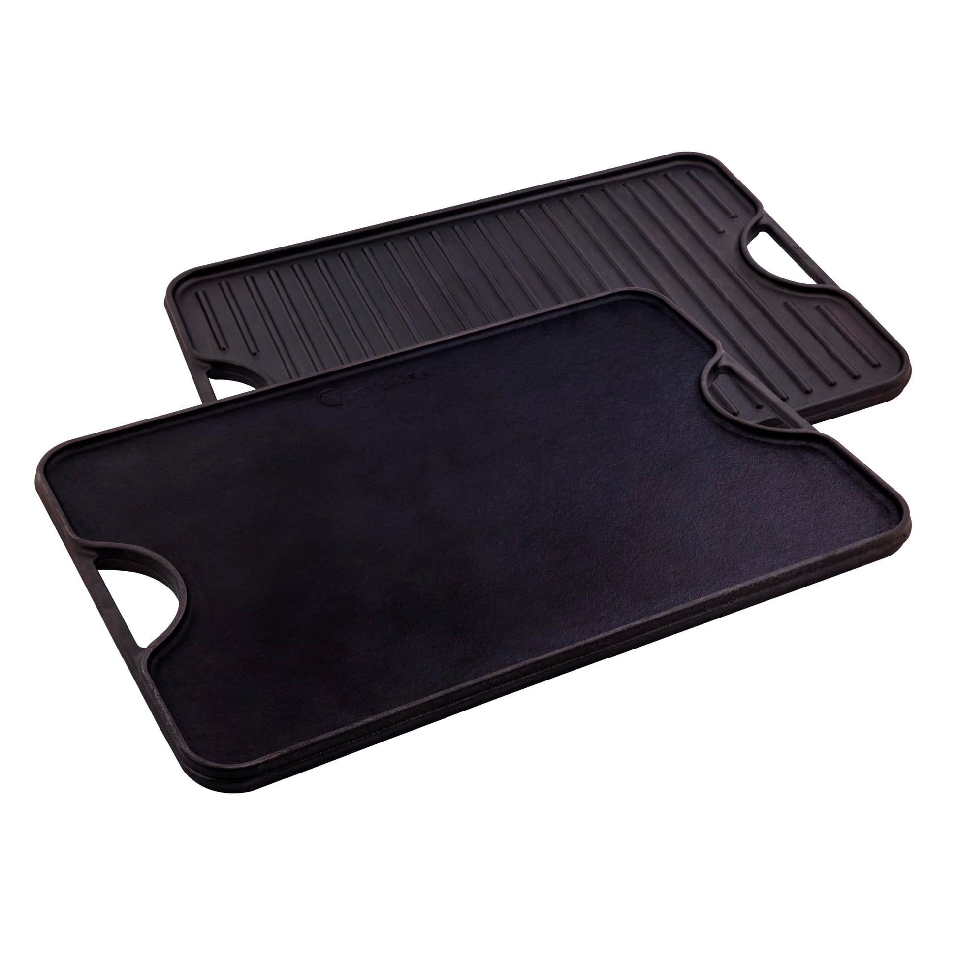 Plancha Rectangular de Hierro Fundido Victoria Negro Sazonada con Aceite de Linaza Kosher 51 x 35 cm para dos Quemadores