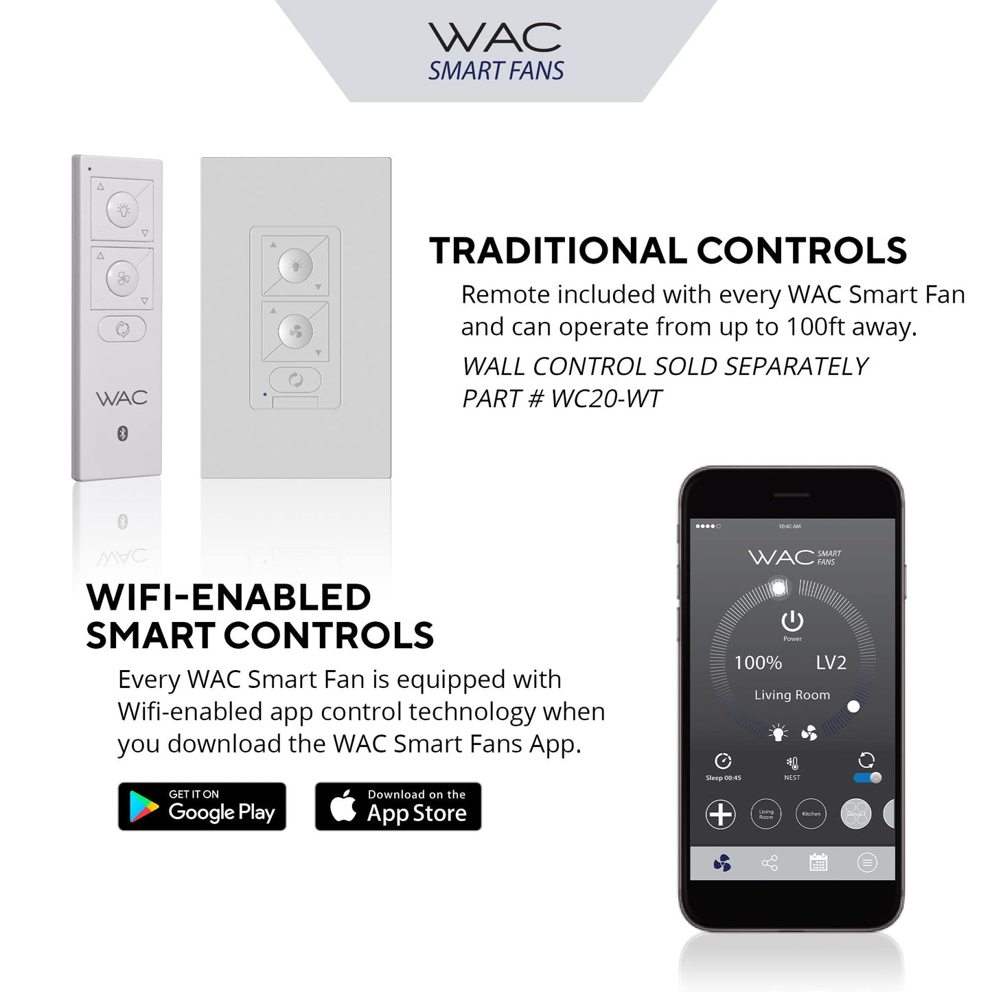 Ventilador de Techo Inteligente WAC Smart Fans Blanco Mate con Kit de Luz LED 3000 K y Control Remoto para Interiores y Exteriores