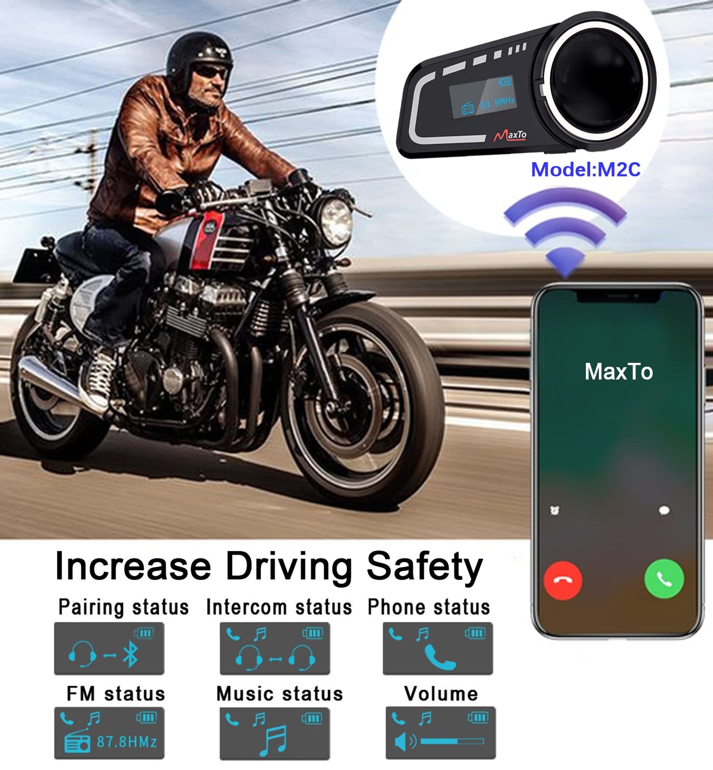 MAXTO Auriculares Bluetooth para Motocicleta M2C 1000M 6 pasajeros, Sistema de comunicación con visualización LCD