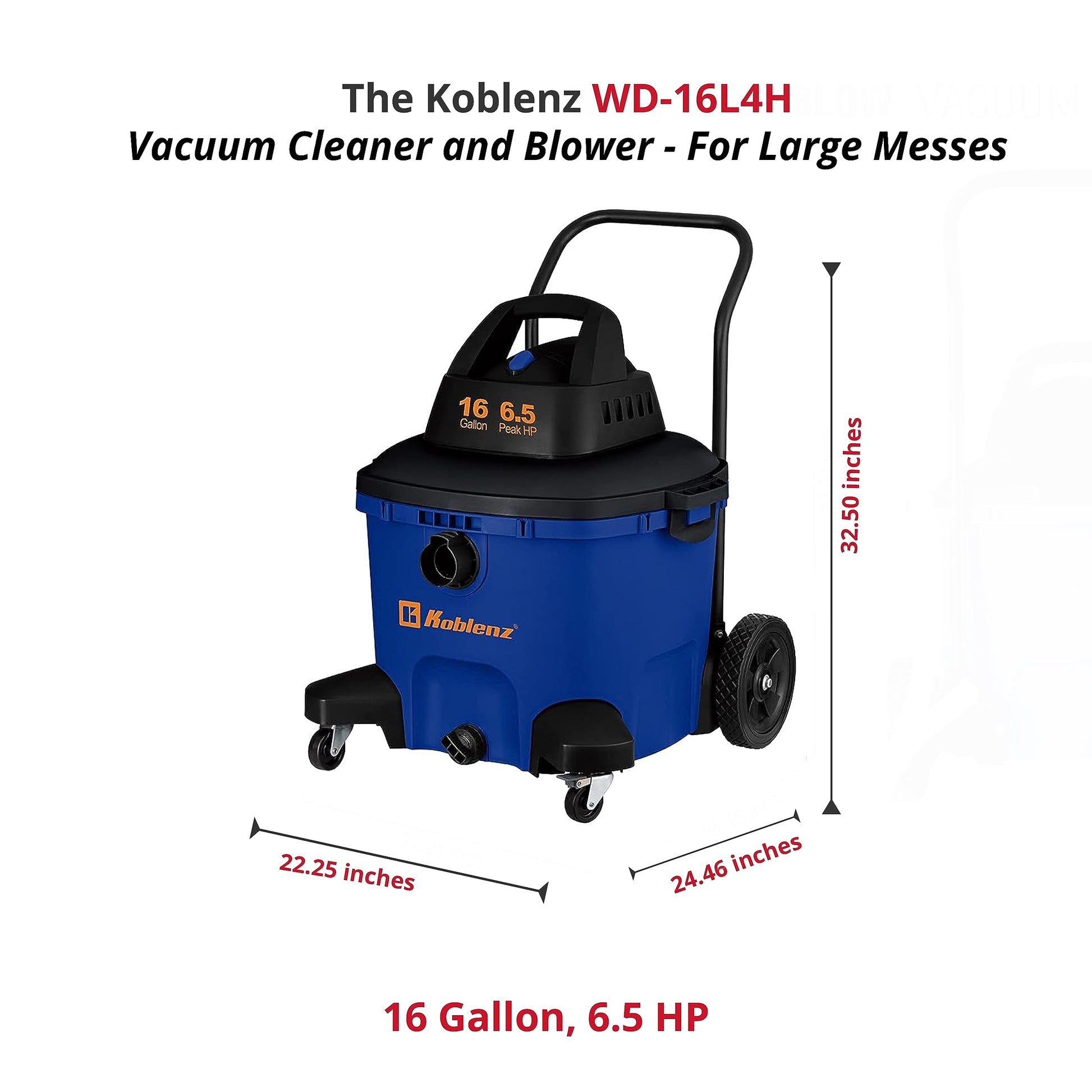 Koblenz WD-16L4H Aspiradora y soplador de 6.5 HP con Mango Trasero, Manguera de 2-1/2 Pulgadas x 8 pies, Tanque de 16 galones, Azul/Negro
