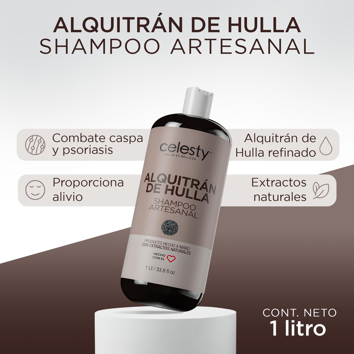 Celesty | Shampoo sin Sulfatos y Parabenos - Shampoo de Alquitrán | Alivio para Dermatitis Seborréica y Psoriasis - Ideal para el Cuidado del Cabello Limpio y Saludable | 1 Litro