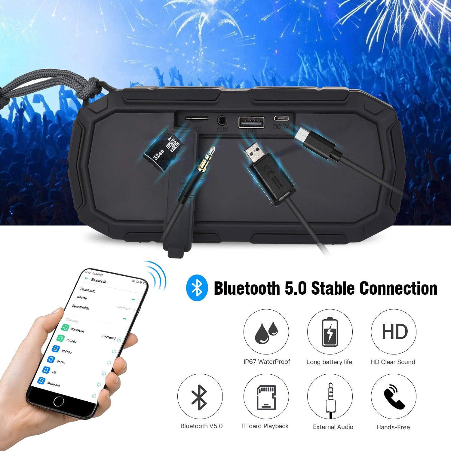 Límite-MX Bocina Bluetooth 5.0 Portátil, Duales Altavoces Bluetooth Portátil con Sonido Estéreo HD, IPX7 Impermeable, Compatible con iPhone, Android