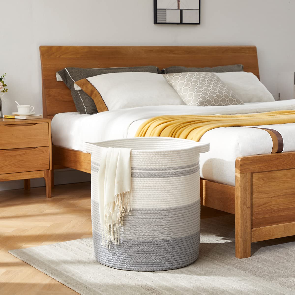 OIAHOMY - Cesta de lavandería de 80 litros con asas, cesta decorativa para sala de estar, cesta de almacenamiento tejida para contenedor de juguetes, almohadas, mantas, ropa, 20 x 18 pulgadas, gris
