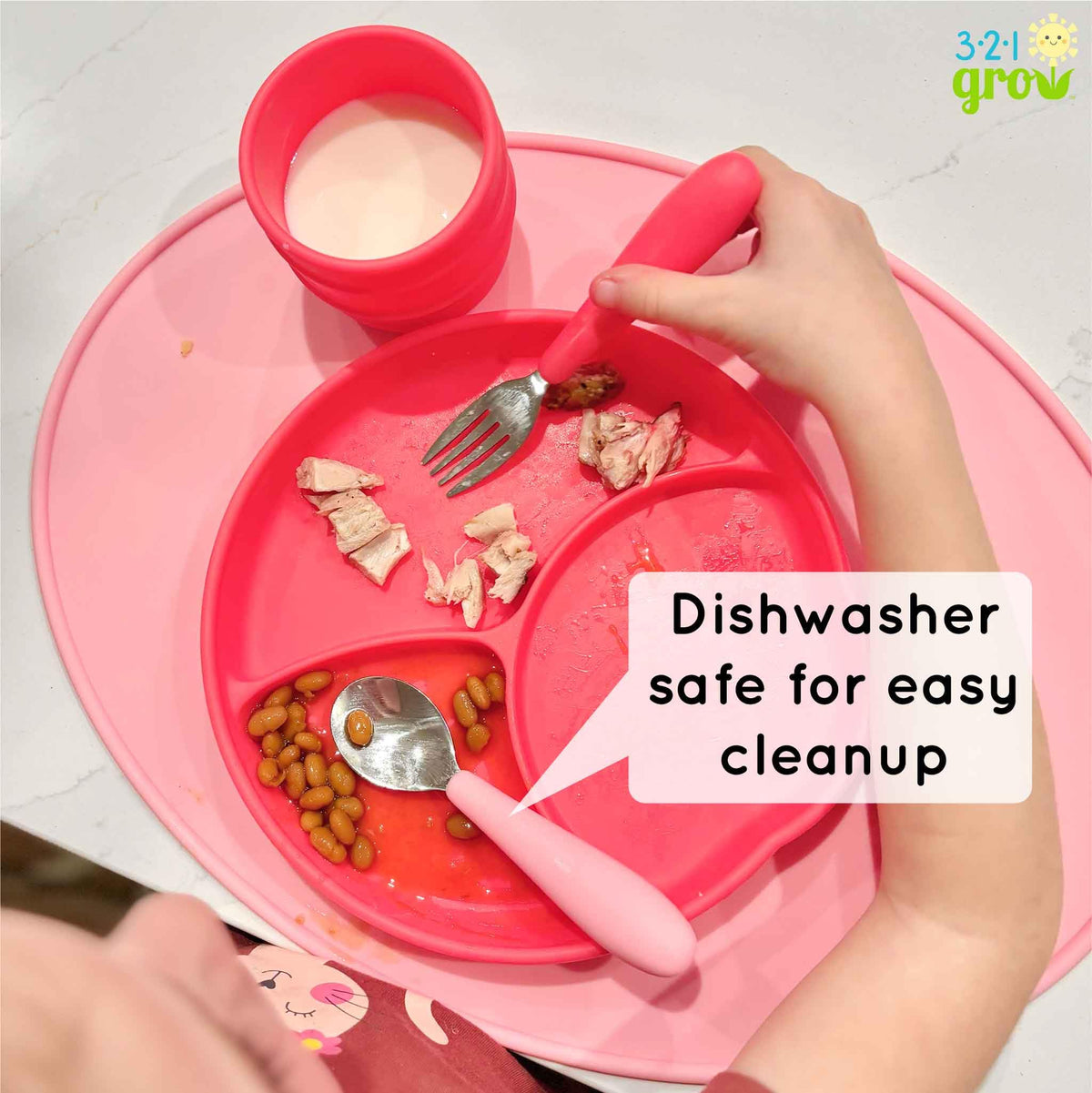 321 Grow • Juego de cuchara y tenedor Eat with Me • Utensilios seguros para niños y niños • Juego de 4 piezas • Acero inoxidable con mango de silicona • 12 meses + (medianoche)