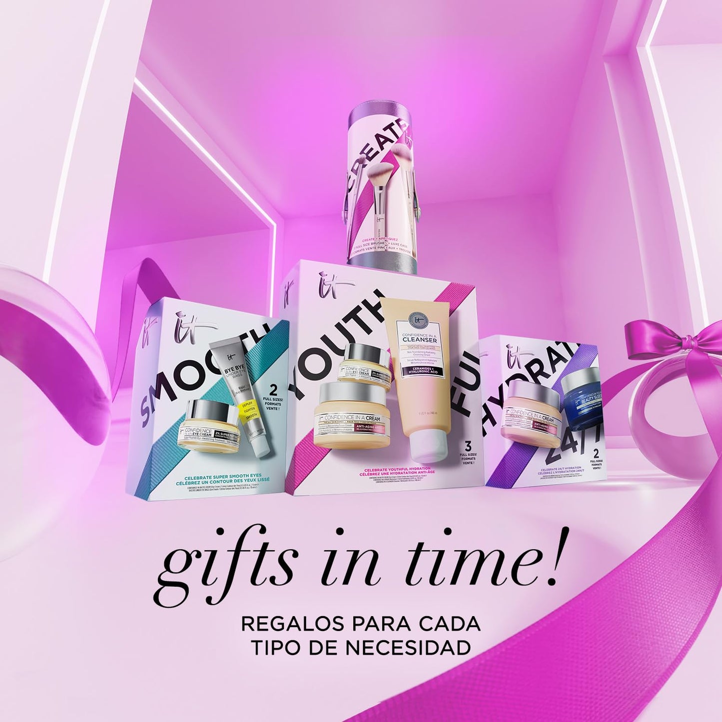 IT Cosmetics, Confidence In A Cream, Set de Rutina de Hidratación Youthful Kit, Confidence In A Cleanser 7 ml + Confidence In A Cream 60 ml + Confidence In An Eye Cream 5 ml + Confidence In Your Beauty Sleep 20 ml, 4 Piezas