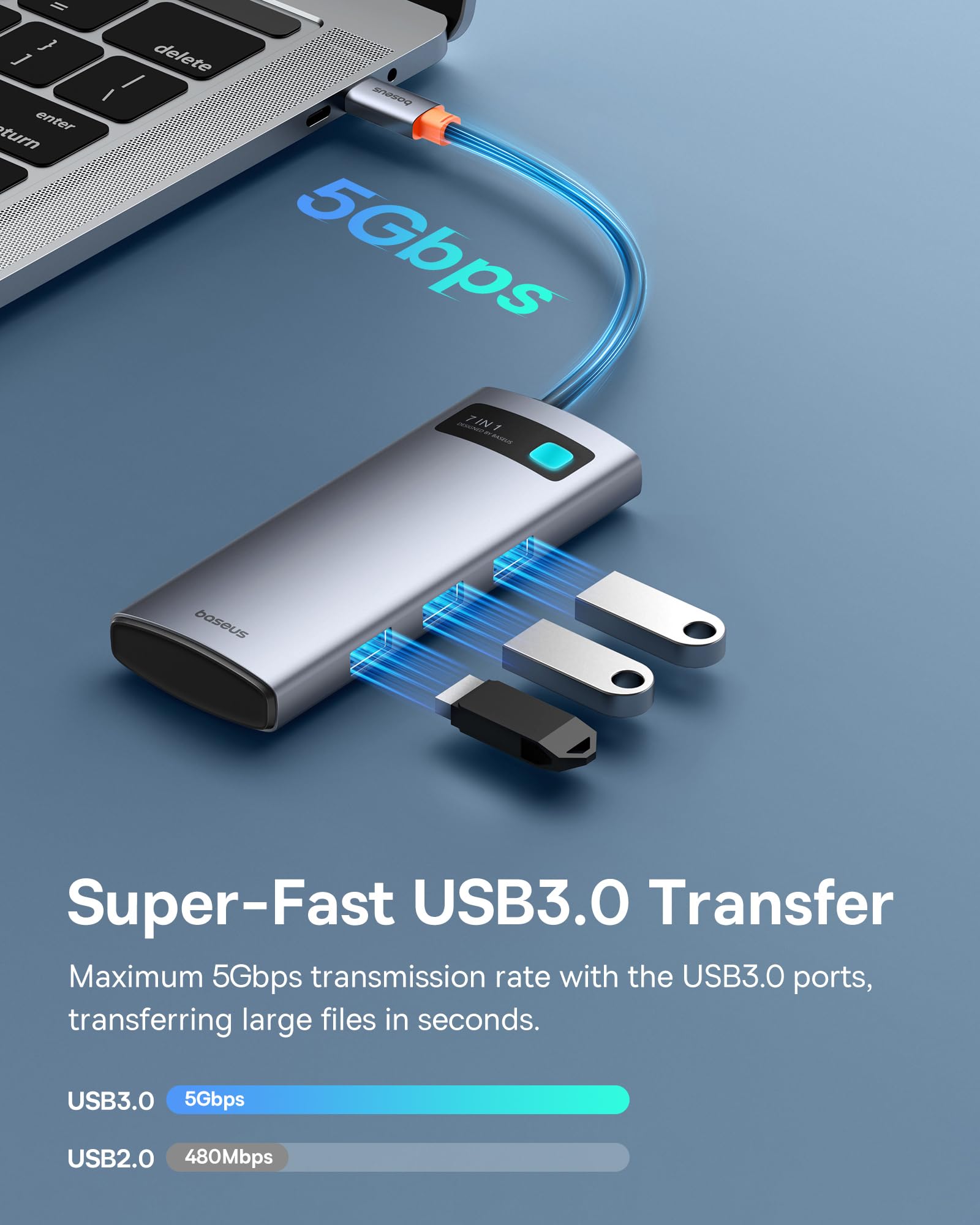 Baseus - Adaptador USB C a HDMI, estación de acoplamiento USB C 4K a 60Hz, Hub USB C 7 en 1 con 3 USB-A, PD 100W, lector de tarjetas TF/SD, base USB C compatible para iPhone