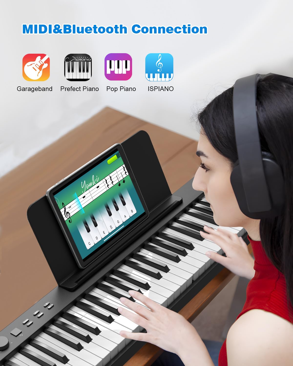 Teclado de Piano OYAYO Negro Plegable de 88 Teclas Semiponderado con Bluetooth y MIDI