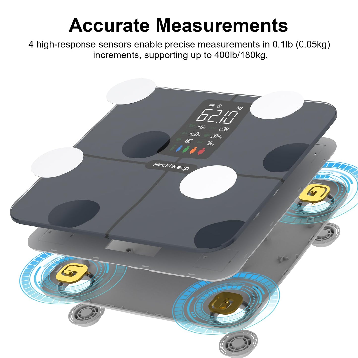 Báscula de grasa corporal inteligente BMI Báscula digital inalámbrica para baño, analizador de composición corporal con aplicación para smartphone con Bluetooth, 380 libras (gris)