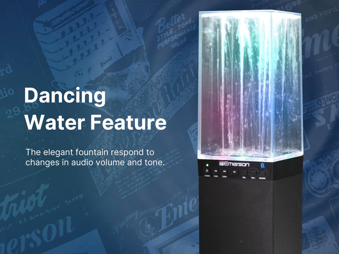 Emerson EHS-2001 Sistema de Altavoces de Torre de luz de Agua con Bluetooth y Radio FM, Altavoz inalámbrico de pie con Fuente de Agua LED, Sonido cristalino, transmisión Bluetooth