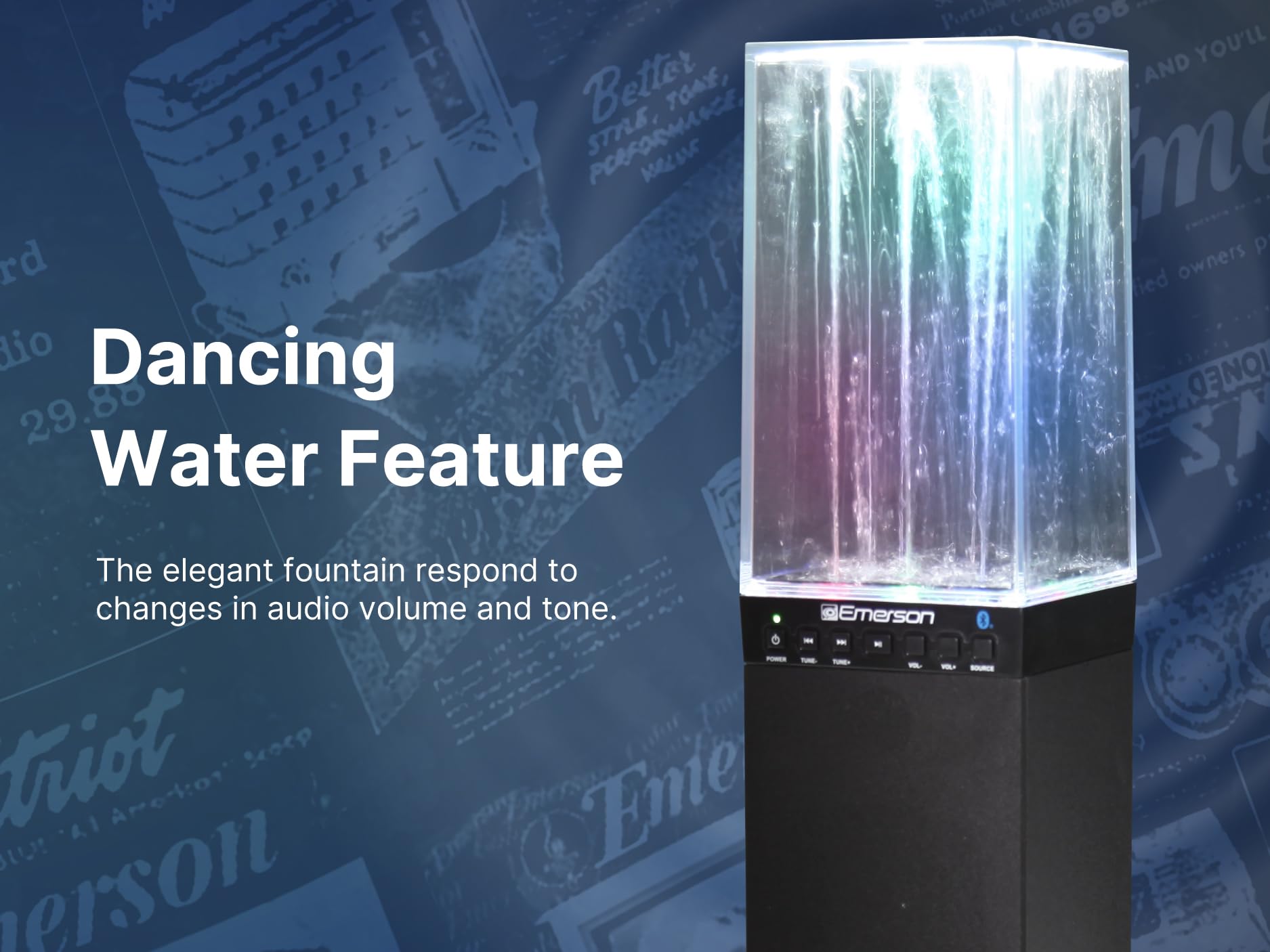 Emerson EHS-2001 Sistema de Altavoces de Torre de luz de Agua con Bluetooth y Radio FM, Altavoz inalámbrico de pie con Fuente de Agua LED, Sonido cristalino, transmisión Bluetooth