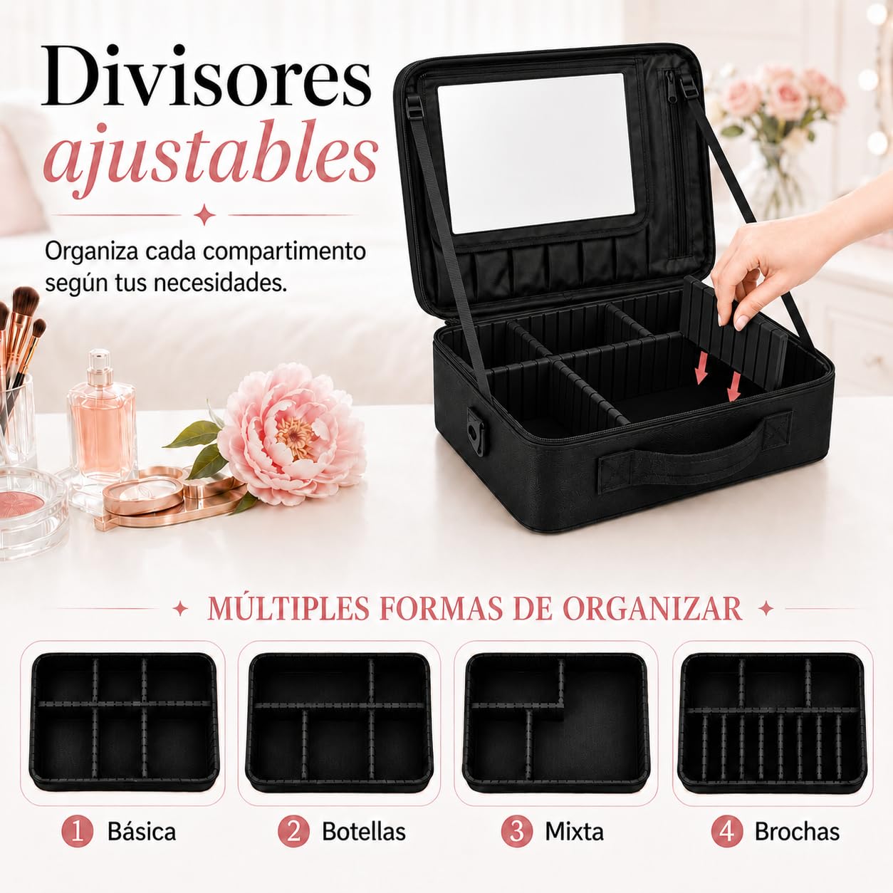 Estuche de Maquillaje 43x31x17cm, Bolsa para Maquillaje, Cosmetiquera para Maquillaje, XL Grande de Viaje 3 Capas con Espejo, Impermeable con Divisor Ajustable, para Pinceles y Herramientas de Belleza