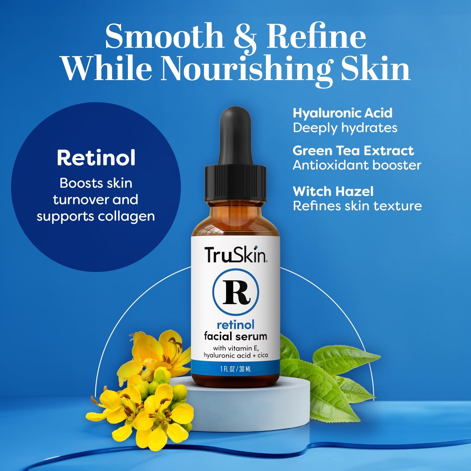TruSkin RETINOL Serum for Wrinkles, Fine Lines, contains Vitamin A, E and Hyaluronic Acid, Organic Green Tea, Jojoba Oil, BEST Anti Wrinkle Facial Serum,1oz