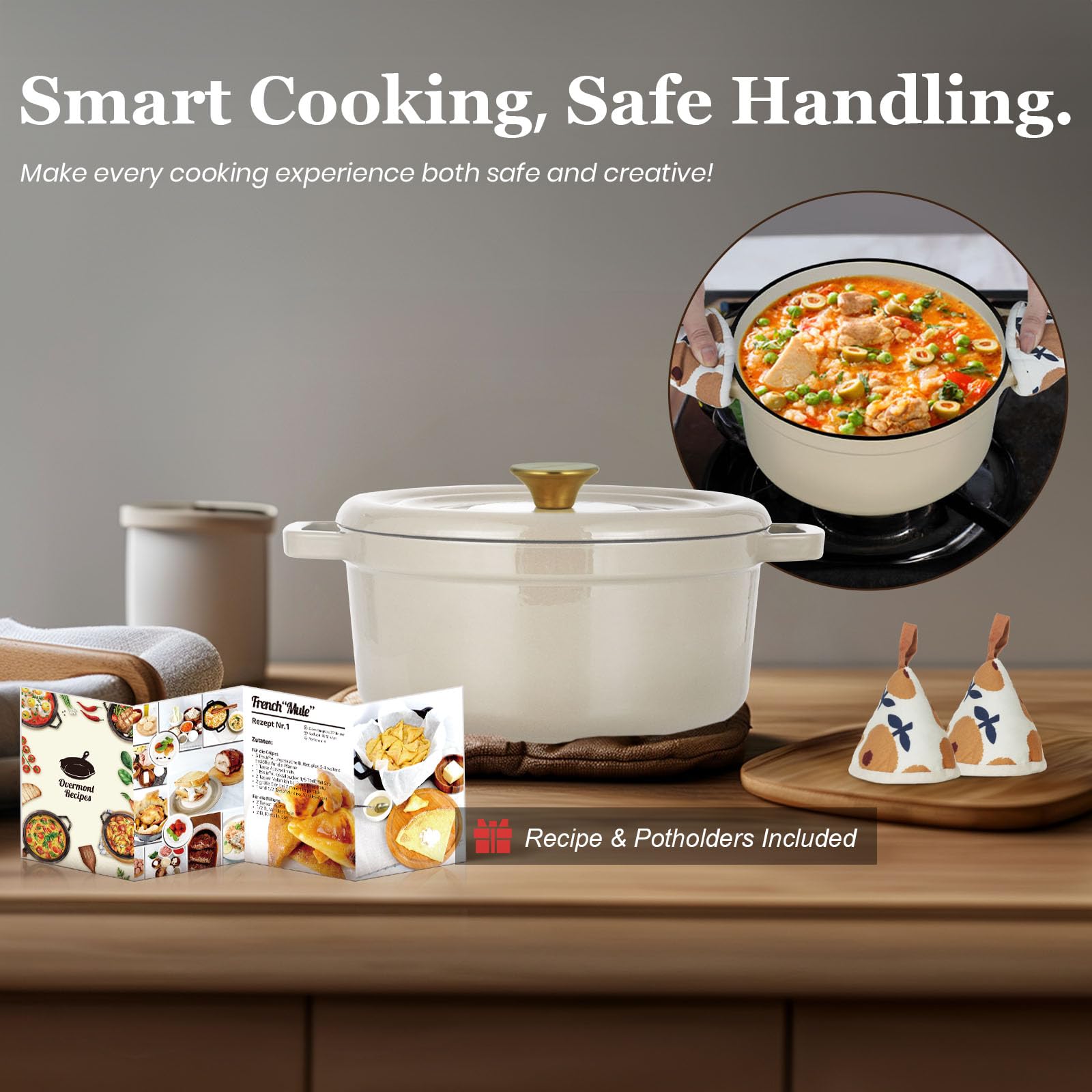 Overmont Cacerola de hierro fundido esmaltado, 26 cm, apta para horno, con tapa y libro de cocina, para asar, cocina, hornear, guisar, color blanco