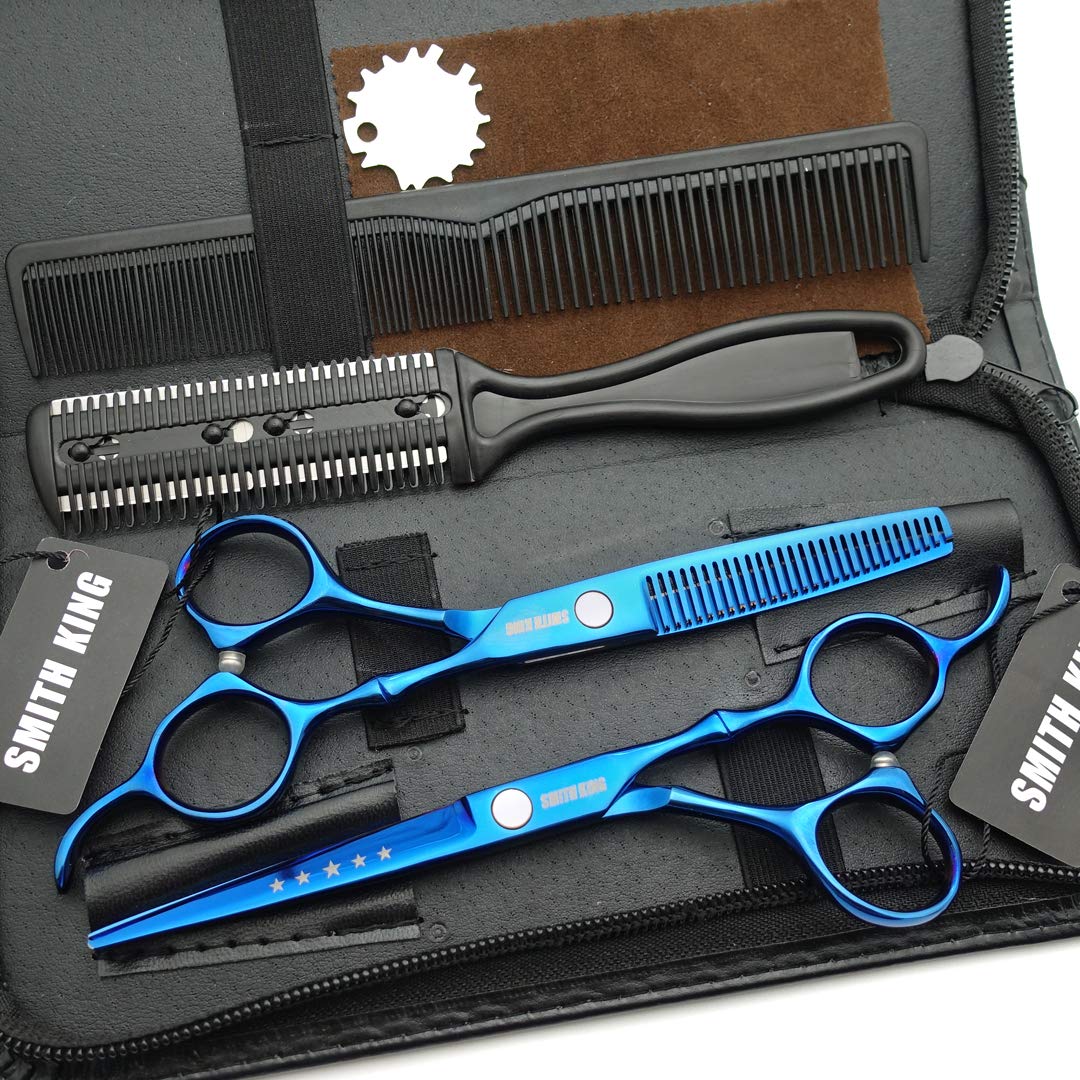 Juego de tijeras de corte de pelo de 15,2 cm con peines de piel, tijeras de corte de pelo, tijeras para adelgazar el cabello para personal y profesional (azul)