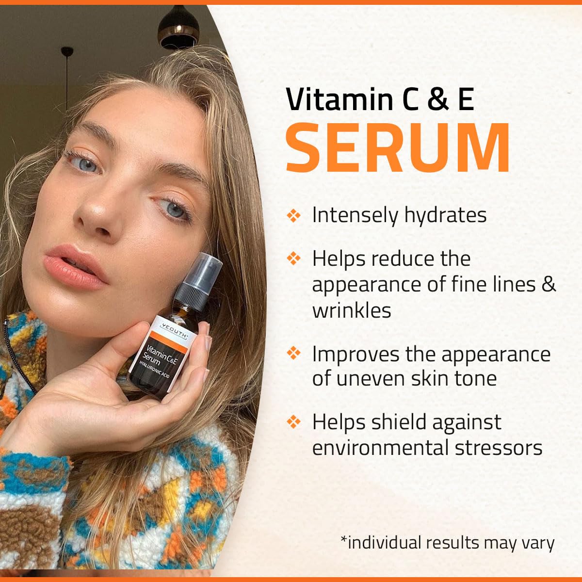 YEOUTH Suero Facial de Vitamina C con Ácido Hialurónico y Vitamina E, Vegano, Suero Antimanchas y Antiarrugas para el Rostro, Apto para Dermaroller, Combo con Hidratante Crema Solar Facial 30ml