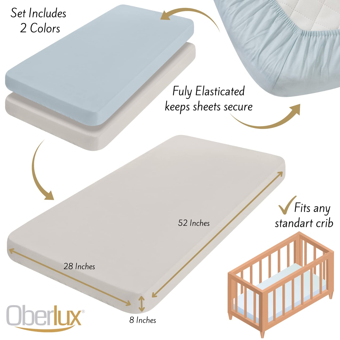 OBERLUX Juego de ropa de cama de cuna para niños | Juego de cama de cuna de 4 piezas | Patrones geométricos, plata brillante, estampado azul bebé y mármol | Precious Collection