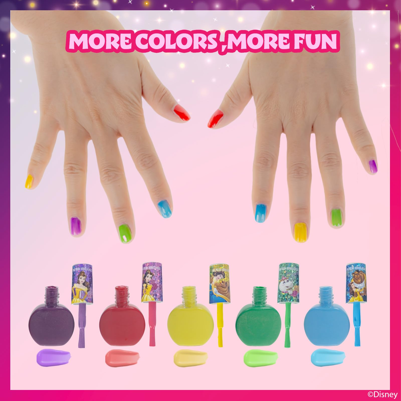 Disney Princess - Townley Girl Belle 18 piezas no tóxicas Peel-Off a base de agua seguro kit de esmalte de uñas de secado rápido | Juego de pintura de uñas para regalo de cumpleaños para niñas, colores brillantes y opacos| Niños mayores de 3 años