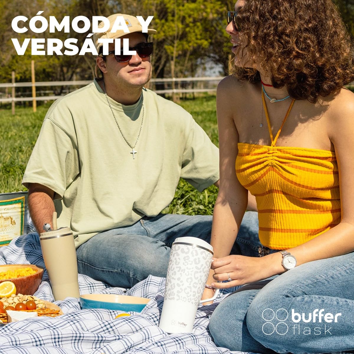 Buffer Flask - Vaso Térmico 1000 ml - Termo para Café y Agua de Acero Inoxidable - Tapa Anti Derrame y Fugas - Taza Tumbler Mug para Bebidas Frías y Calientes - Incluye Popote - Color Leopardo Blanco