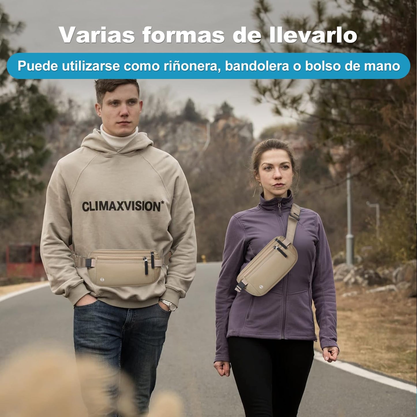 Cinturón de Viaje con Tecnología Bloqueo RFID, Cangurera Mujer y Hombres con Soporte Delgado para Pasaporte y Cremallera Invisible, Riñonera para Viaje, Deporte, Running, Ejercicio (Caqui)