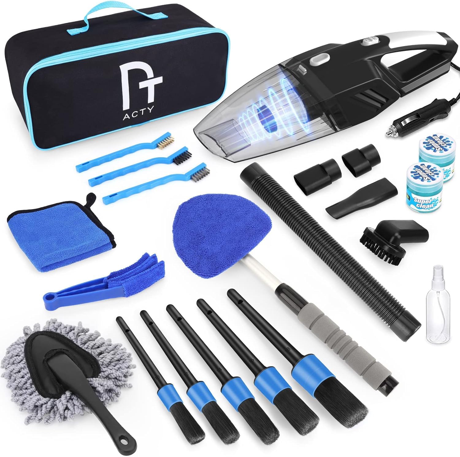CYANBAMBOO 17 piezas kit de detalles de coche, kit de limpieza de coche con aspiradora de mano de alta potencia, juego de cepillos de detalles, herramienta de limpieza de parabrisas, toallas de