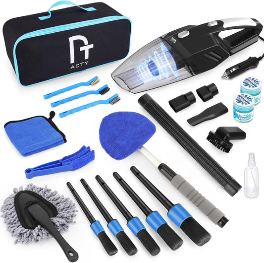 CYANBAMBOO 17 piezas kit de detalles de coche, kit de limpieza de coche con aspiradora de mano de alta potencia, juego de cepillos de detalles, herramienta de limpieza de parabrisas, toallas de