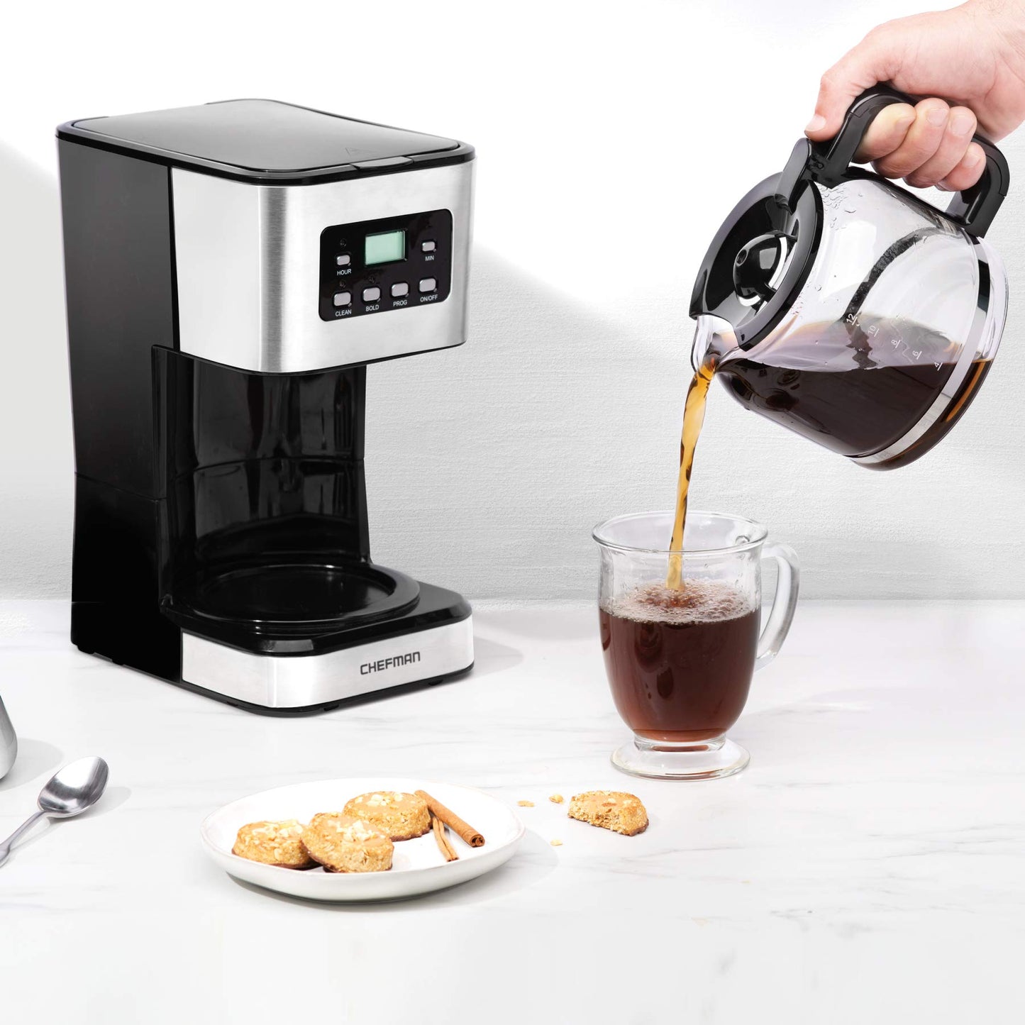 Chefman, Cafetera de Goteo Programable de 12 Tazas, Filtro Reutilizable, Acero Inoxidable