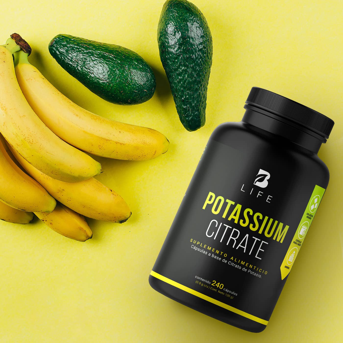 B Life Company Citrato de Potasio 800 mg de Potasio (Provenientes de 1000 mg). Ingredientes Naturales de 240 Cápsulas. Potassium Citrate