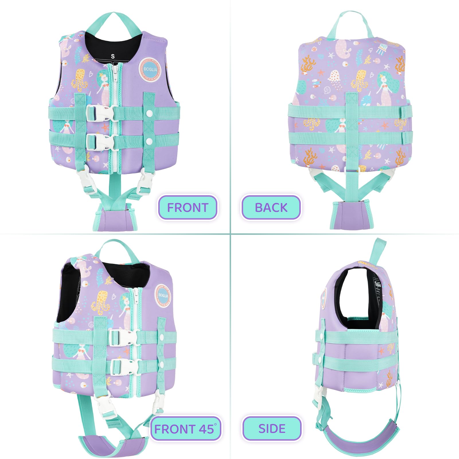 Boglia - Chaleco de natación para niños y niñas de 20-30-40-50-60-70-80-80 libras con correa de seguridad ajustable