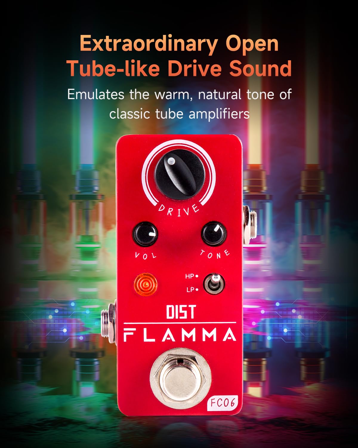 Pedal de Distorsión Flamma FC06 Rojo con Carcasa de Metal y True Bypass