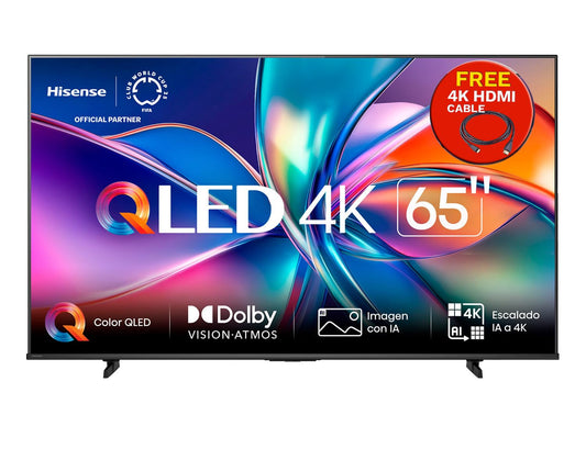 Hisense Pantalla QLED 4K Vidaa U Compatible con Alexa,Dolby Vision Atmos, Escalado IA a UHD, HDMI, LAN, WiFi. Control de Voz. Bluetooth. (2025) Free HDMI Cable UHD. (65")