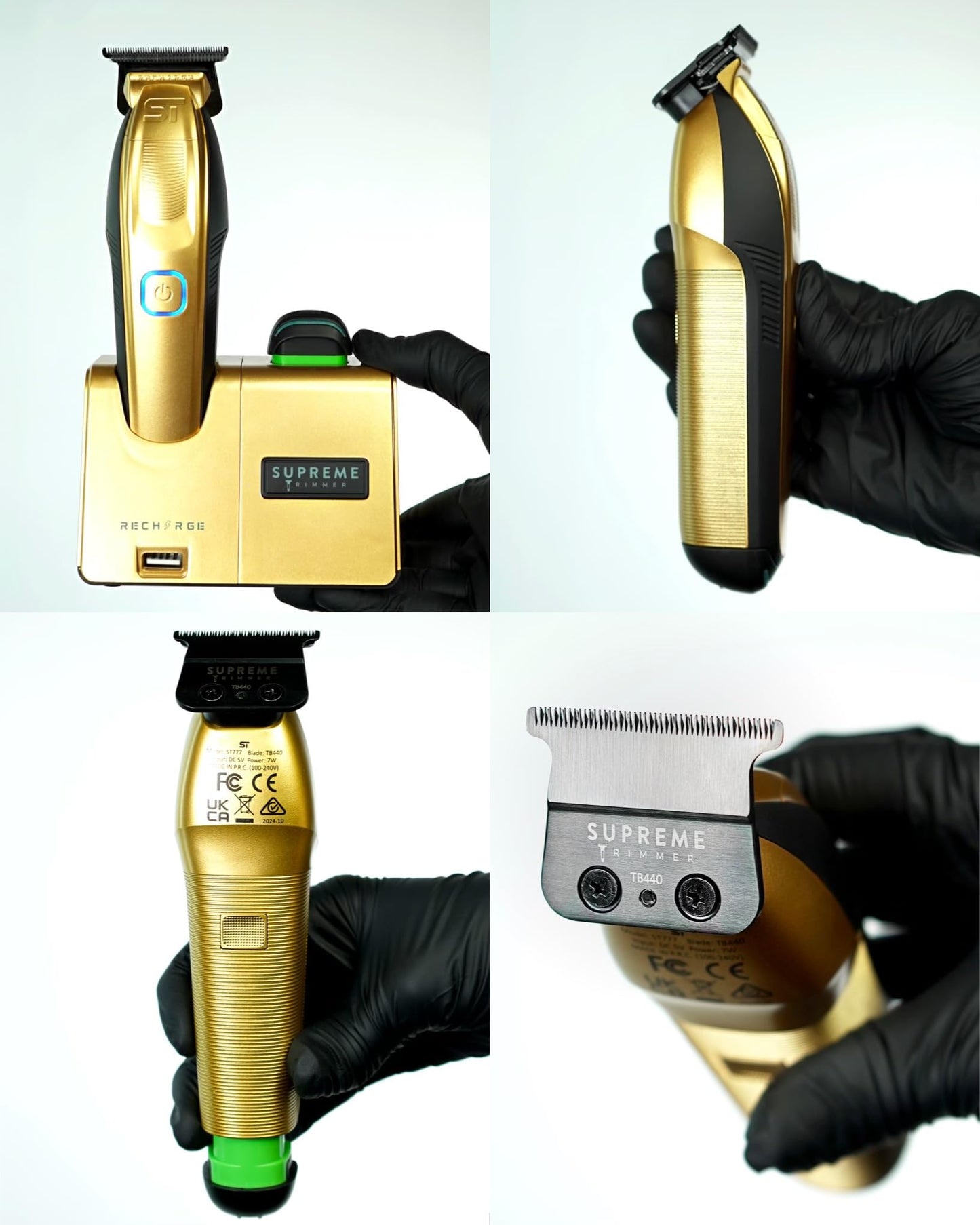 Supreme Trimmer Recarga Zero Gappable Trimmer para Barberos | 7500+ RPM, batería extraíble, soporte de carga USB inteligente + carga iPhone/Android | Gold ST777