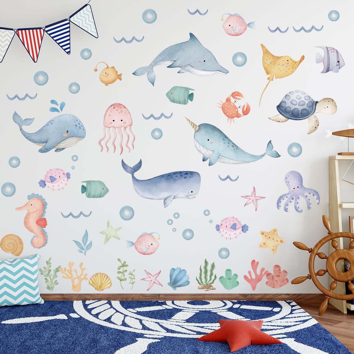 Calcomanías de pared de animales oceánicos, calcomanías de pared de ballenas bajo el mar, calcomanías de pared bajo el mar, calcomanías de pared de peces bajo el mar extraíbles de despegar y pegar