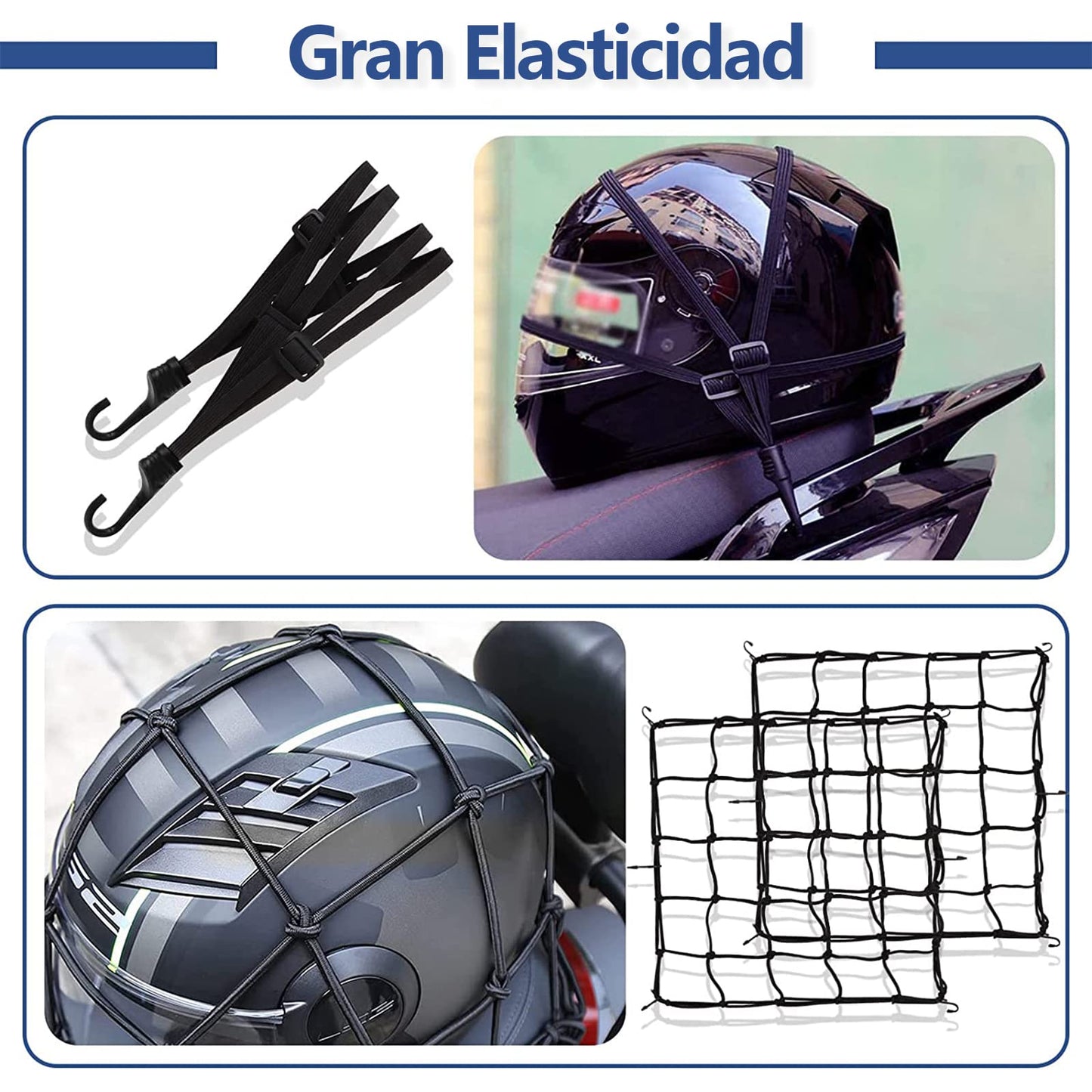 KIWOP 3 Piezas Redes para Motocicleta, 40x40 cm Redes para Casco de Motocicleta y un cordón para el Casco, Gran Elasticidad y Doble protección para tu Casco, Haciendo tu conducción más Segura.
