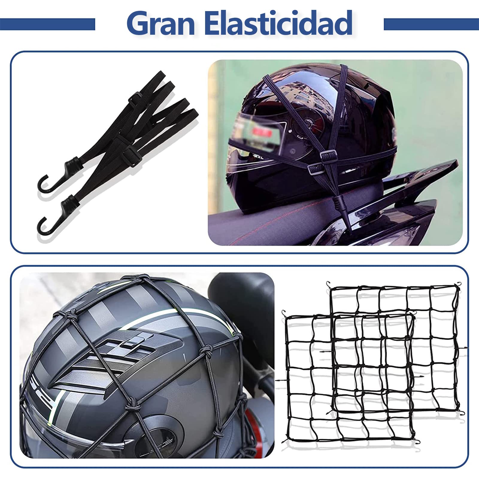 KIWOP 3 Piezas Redes para Motocicleta, 40x40 cm Redes para Casco de Motocicleta y un cordón para el Casco, Gran Elasticidad y Doble protección para tu Casco, Haciendo tu conducción más Segura.