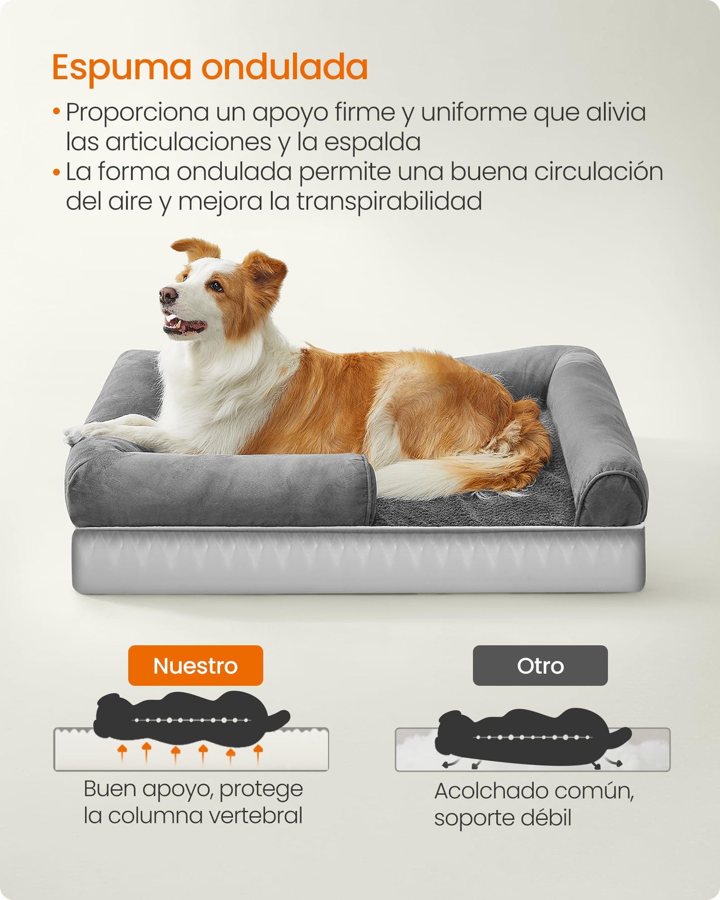 Cama Ortopédica para Perros Feandrea Gris Claro Funda Extraíble y Lavable