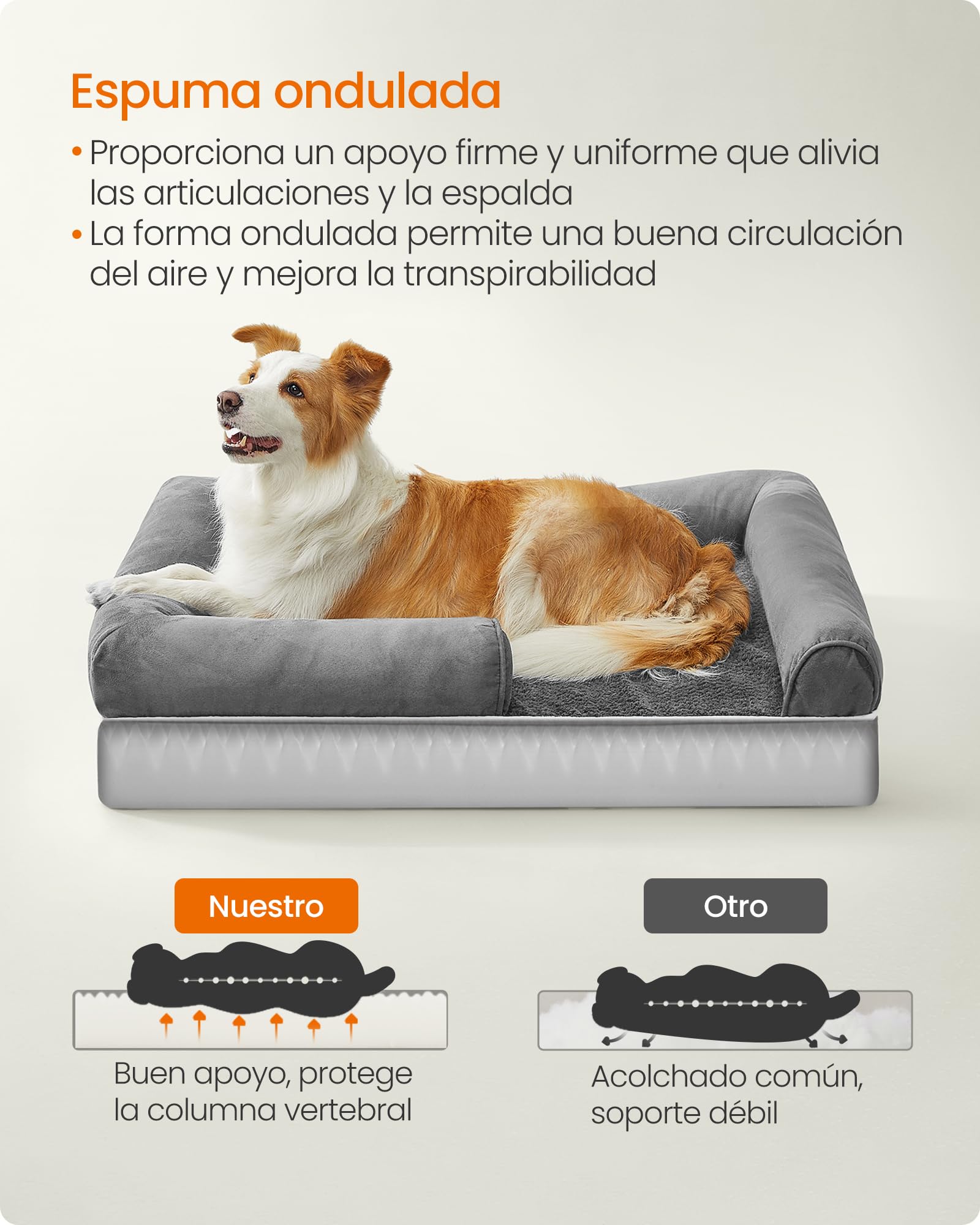 Cama Ortopédica para Perros Feandrea Gris Claro Funda Extraíble y Lavable