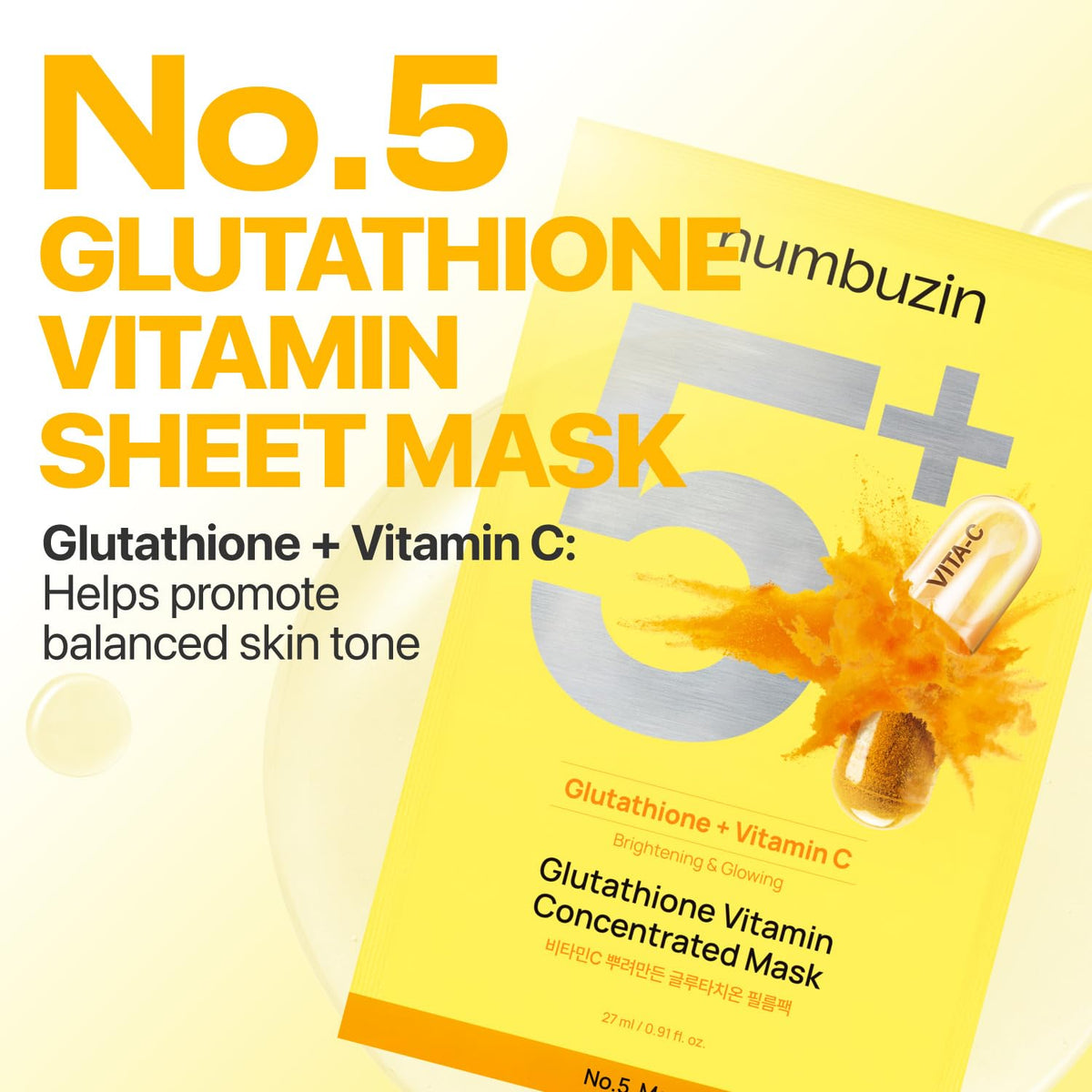 numbuzin Máscara de hoja No.5 | Máscara de lámina de foco de vitamina | Glutatión y vitamina C | Reduce la hiperpigmentación, mejora la tez de la piel | Suave y no irritante | 5 hojas