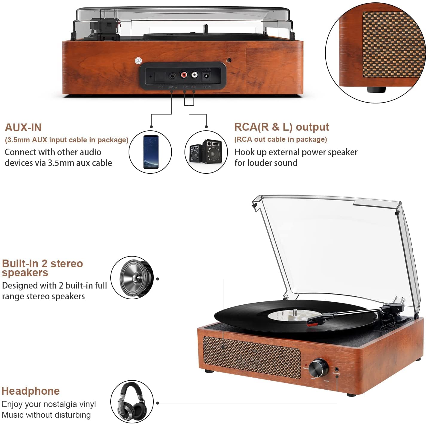 Kedok Tocadiscos de Vinilo Bluetooth con Altavoces y Tocadiscos para Discos de Vinilo, 3 velocidades, accionado por Correa, Tocadiscos de Vinilo para Entretenimiento AUX en Salida RCA