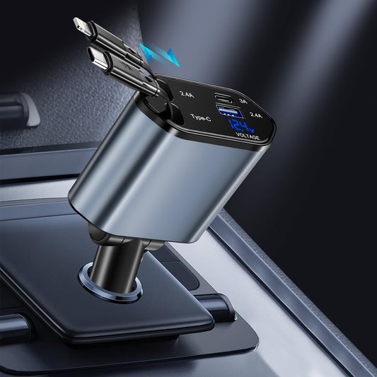 Lostrain Cargador para Auto Tipo C,Cargador de Carro 120W Total Carga Rápida 4 en 1(2 Cables Retráctiles+2 Puertos USB),Adaptador para Coche para Android iPhone 15/14/13 Huawei Xiaomi iPad