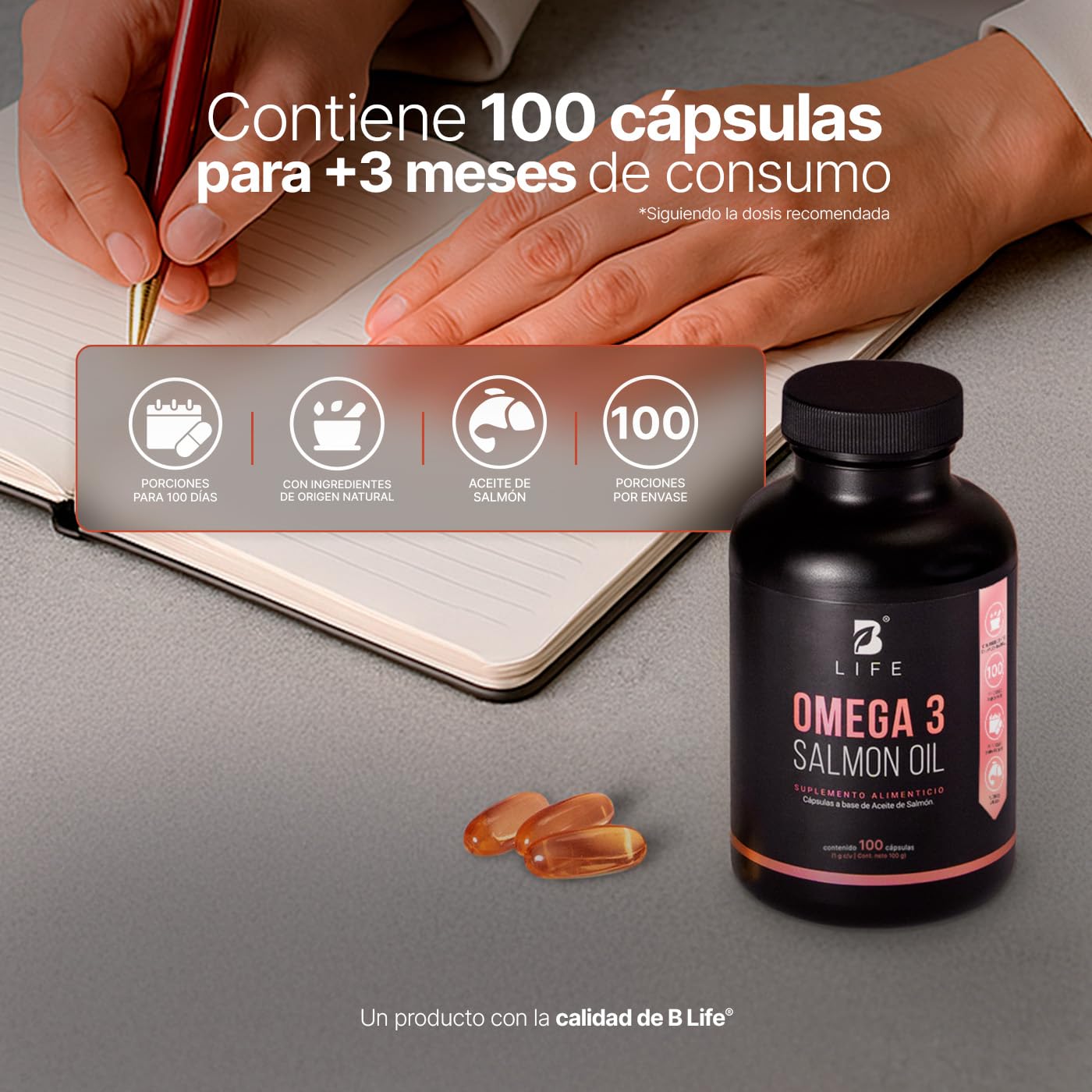 B Life Omega 3 | Aceite Puro de Salmón | 100 Cápsulas con 1000 mg por porción | EPA y DHA | Ingredientes Naturales | Omega 3 Salmon Oil.