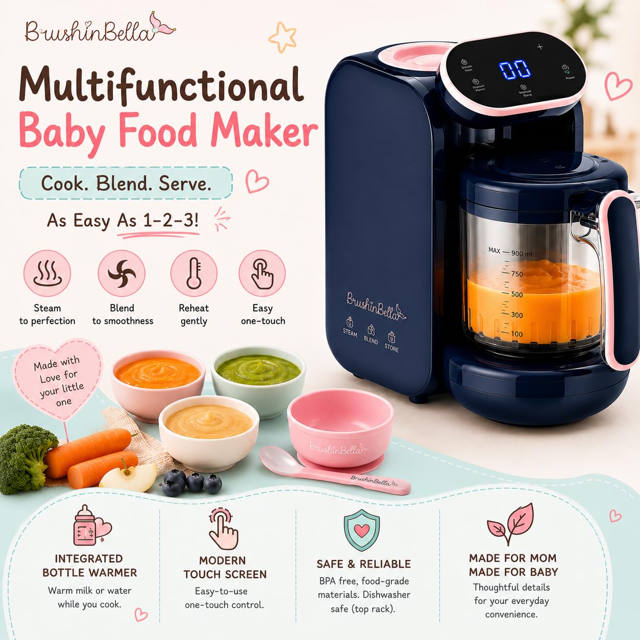 BrushinBella - Procesador de alimentos para bebés 5 en 1 con bandeja de sopa, máquina para hacer purés de bebé, amoladora, vapor, visualización táctil, mezcla automática y manual, calentador de