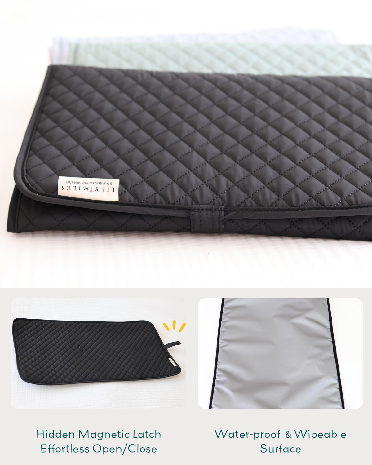 Lily Miles - Cambiador de pañales portátil, cambiador de pañales para bebé con cierres magnéticos, almohadilla de viaje para bolsa de pañales, esencial para bebé, tapete lavable e impermeable, sarga