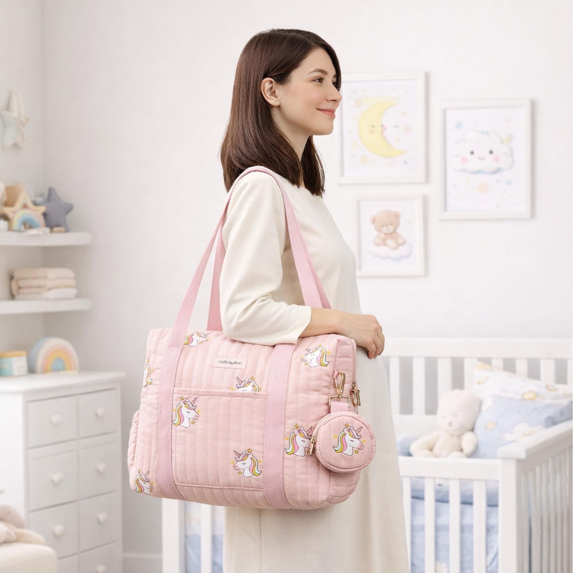 GOBABYMART - Juego de 3 bolsas de pañales con cambiador y estuche para chupete, bolsa de viaje de maternidad de algodón (mediano - unicornios rosa)