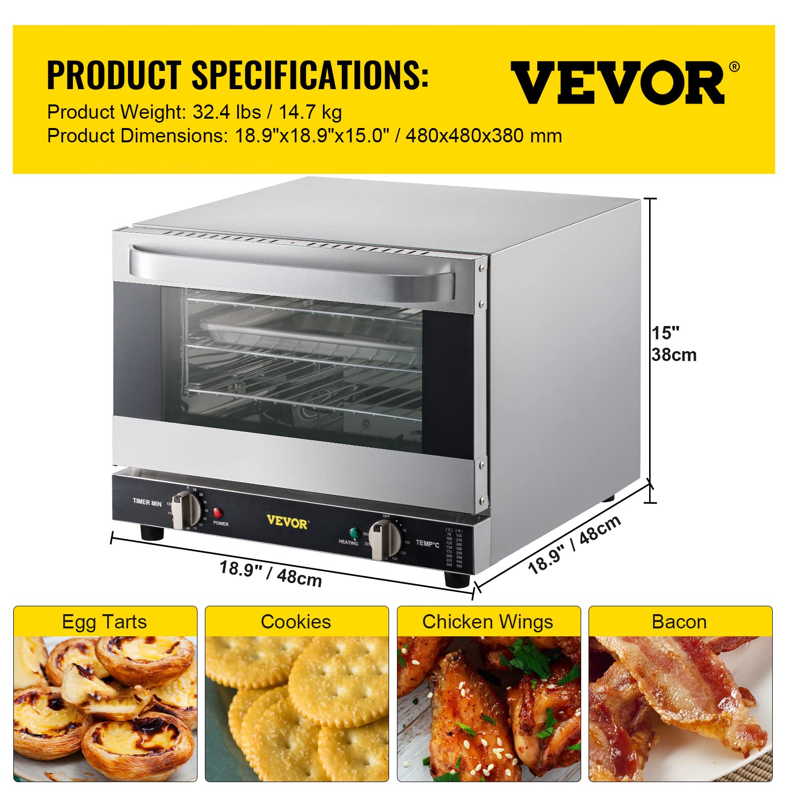 VEVOR - Horno de convección comercial, 21 l/19 cuartos de galón, encimera de horno convencional de un cuarto de tamaño, tostador de 3 niveles de 1440 W con puerta frontal de vidrio, horno eléctrico